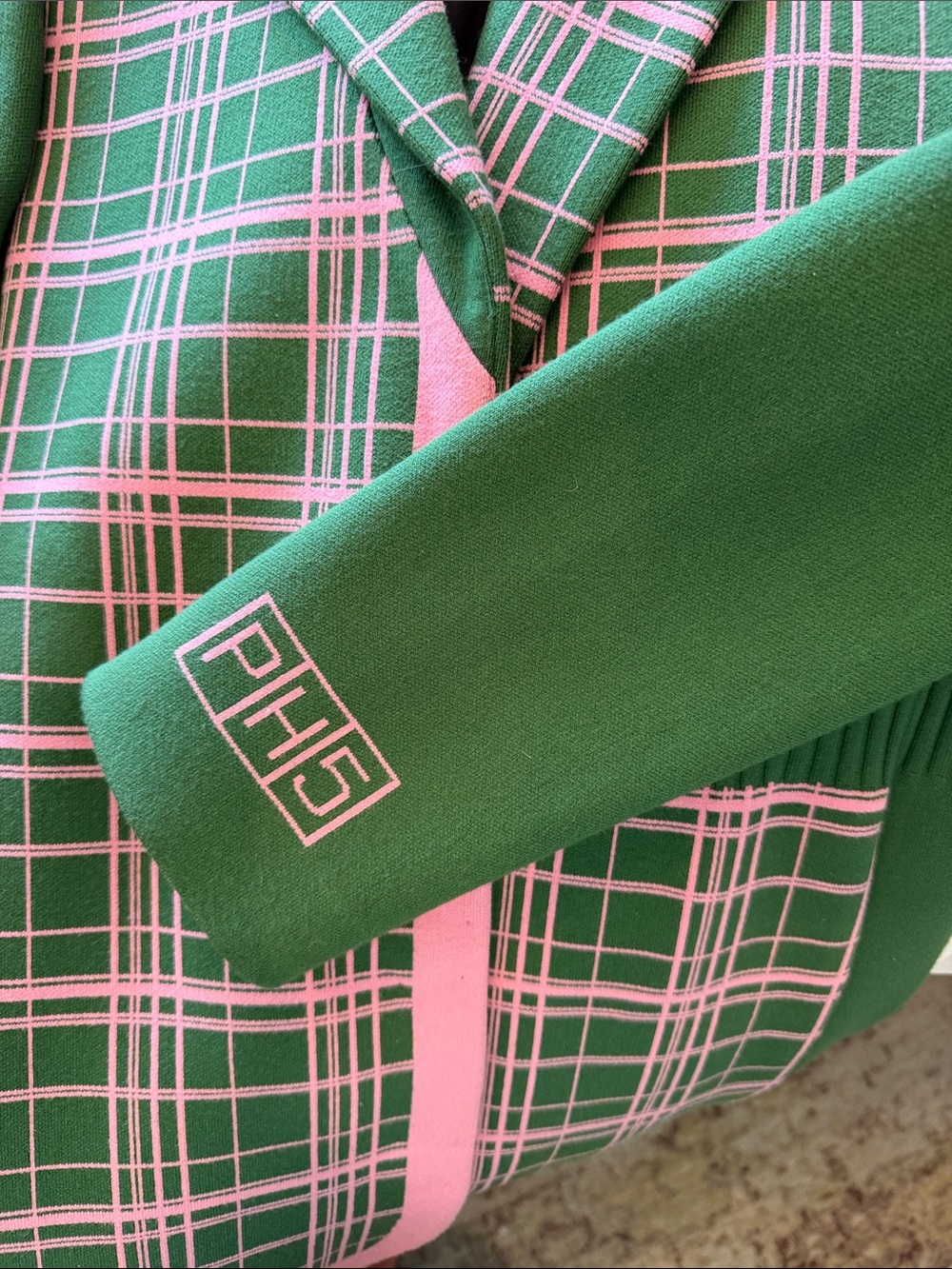 PH5 Green and Pink Plaid Wool Trench Coat - Picture 4 of 5